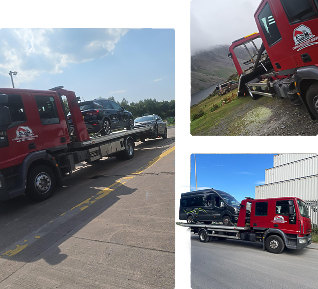 Recovery truck towing cars after a breakdown in Cumbria